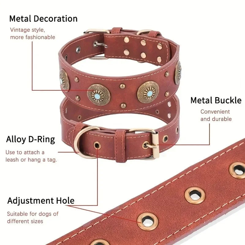 Dog collar retro design leather dog collar for medium large dogs pet High-end retro Leather necklace French Bulldog collar