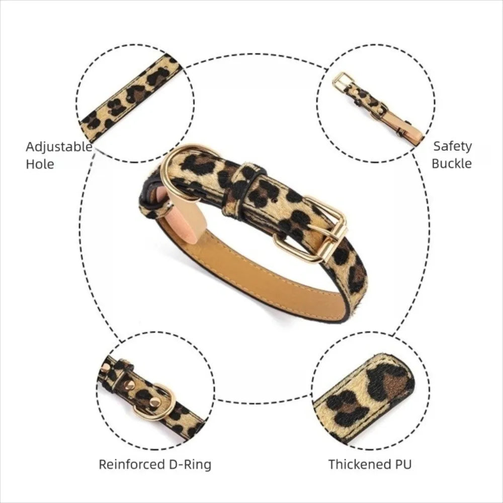 Durable Leopard Print Dog Collar Pet Walking PU Leather Leopard Dog Collar Wear Resistant Pet Collar Small Medium Dogs