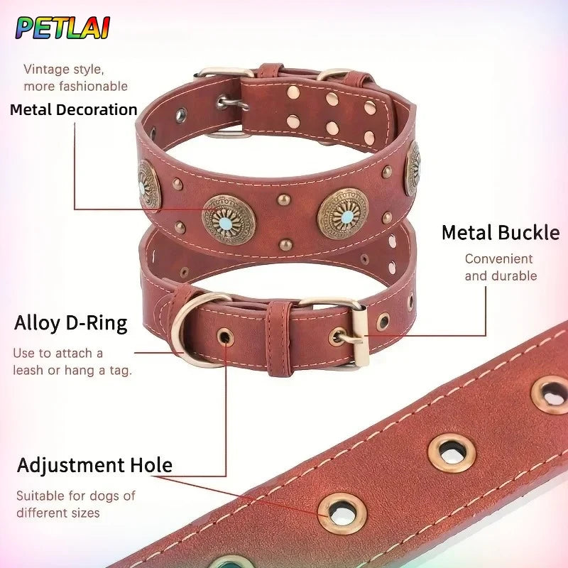 Dog collar retro design leather dog collar for medium large dogs pet High-end retro Leather necklace French Bulldog collar
