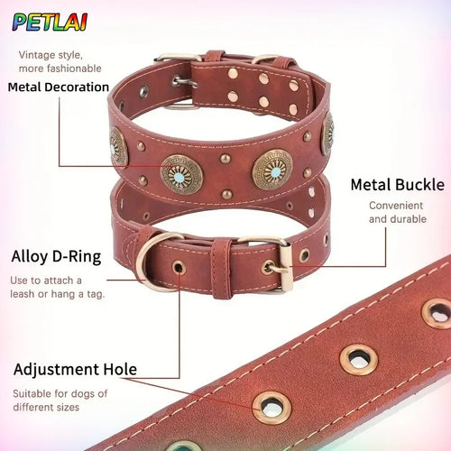 Dog collar retro design leather dog collar for medium large dogs pet High-end retro Leather necklace French Bulldog collar